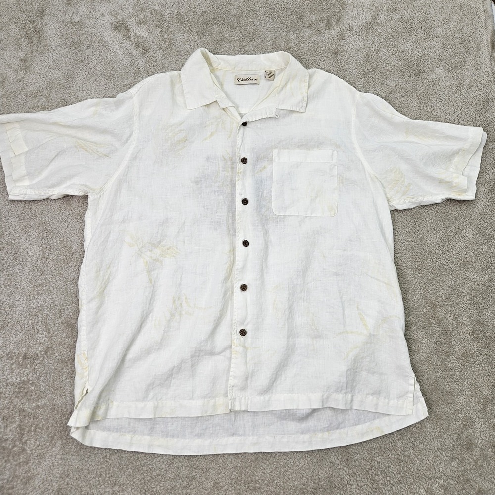 Caribbean 100% Linen Camp Shirt‎ Mens XL White Parrot Palm Tropical Resortwear
